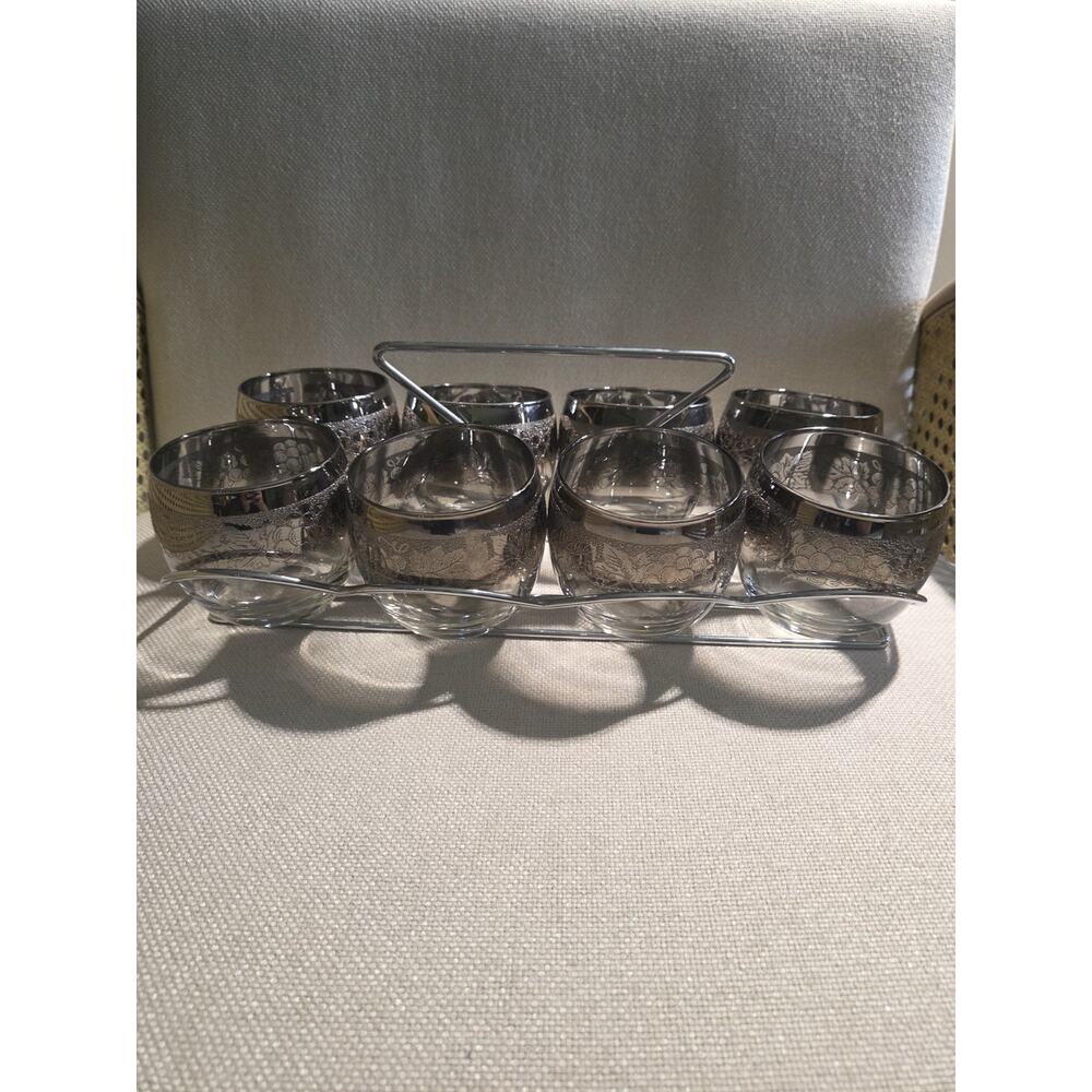 Vintage Silver Fade Grape Roly Poly Bar Set w/ Caddy